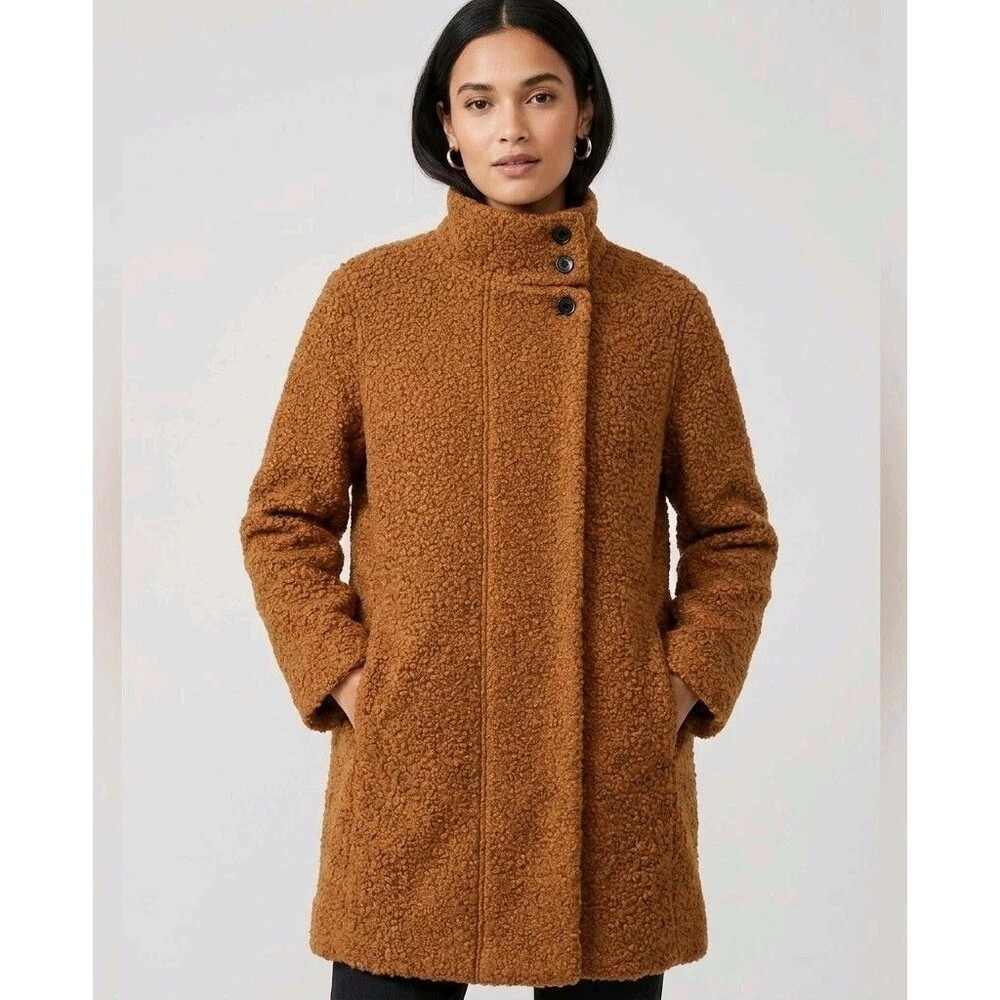 NWT LOFT Curly Funnel Neck Teddy Coat  XL Camel Brown Dark Academia Minimalist